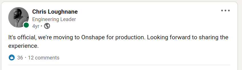 Onshape announcment on Linkedin