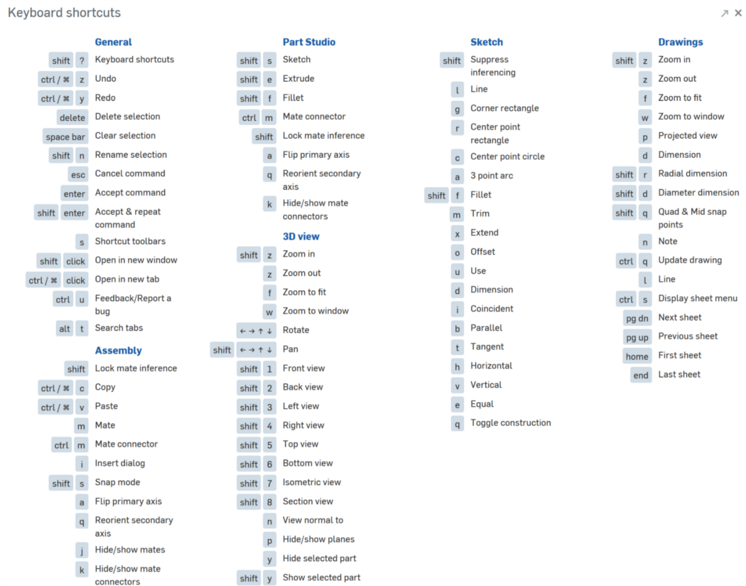 Onshape Shortcuts